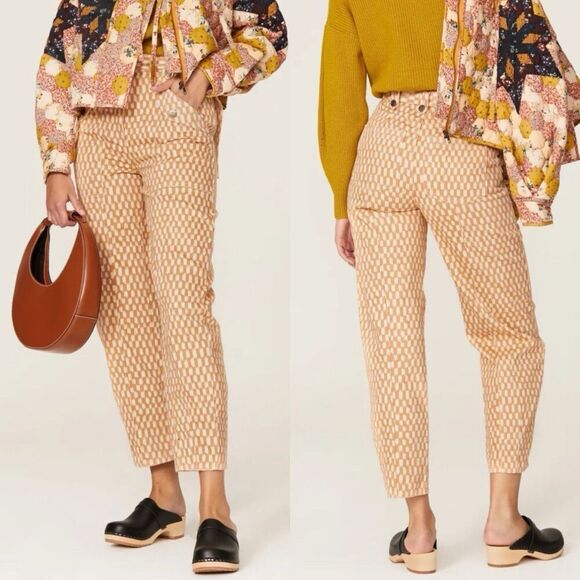 ULLA JOHNSON Waverly Printed Jeans Women 12 Tan Check Print Tapered 100% Cotton - Picture 1 of 14